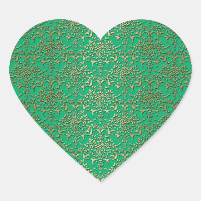Fancy Green and Gold Damask Pattern Heart Sticker (Front)