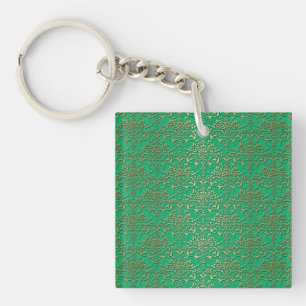 Fancy Green and Gold Damask Pattern Key Ring
