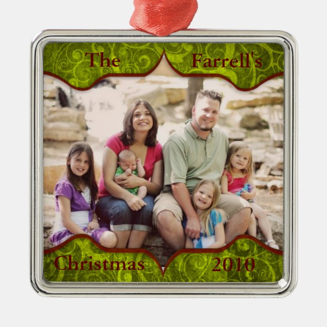 Fancy Green Fluer Family Holiday Ornament (Front)