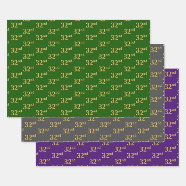 Fancy Green, Grey, Purple, Faux Gold 32nd Event # Wrapping Paper Sheet (Set)