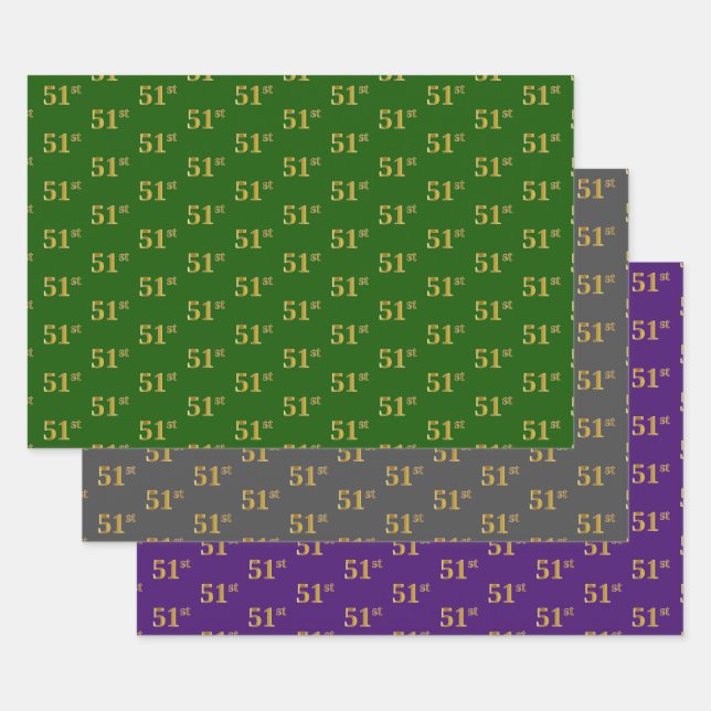 Fancy Green, Grey, Purple, Faux Gold 51st Event # Wrapping Paper Sheet (Set)