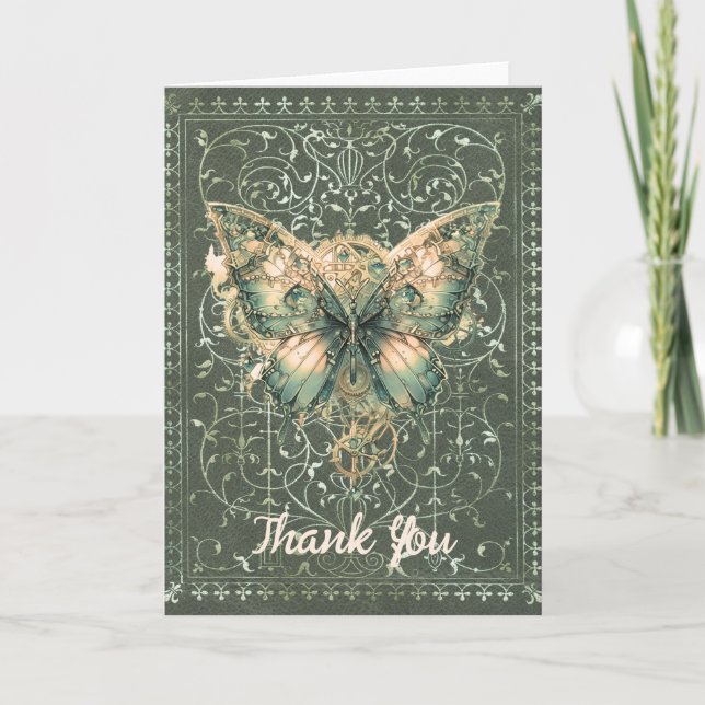 Fancy Green Steampunk Butterfly Folded Card (Front)