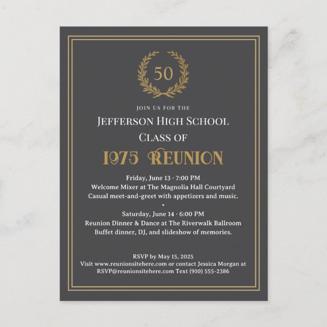 Fancy Grey 50 Year Class Reunion Laurel Wreath Postcard (Front)