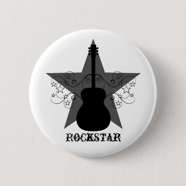 Fancy Guitar Star Swirls Button, Black 6 Cm Round Badge (Front)
