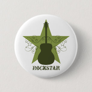 Fancy Guitar Star Swirls Button, Green 6 Cm Round Badge