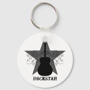 Fancy Guitar Star Swirls Keychain, Black Key Ring