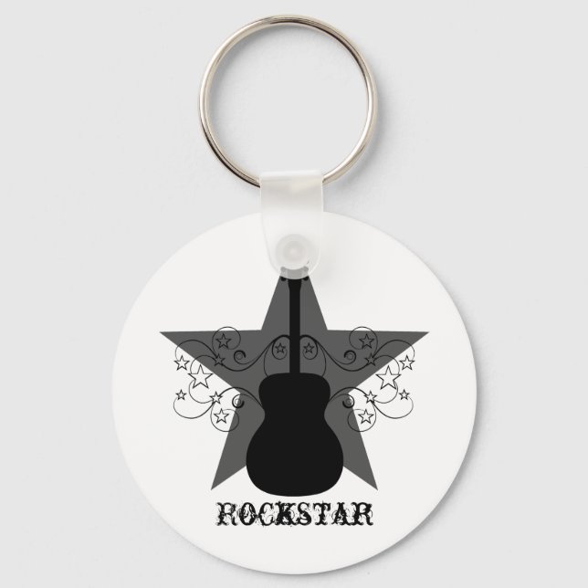 Fancy Guitar Star Swirls Keychain, Black Key Ring (Front)
