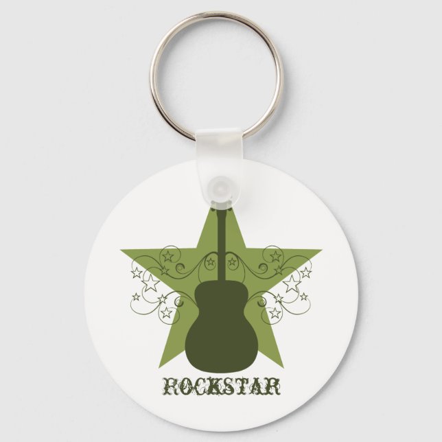 Fancy Guitar Star Swirls Keychain, Green Key Ring (Front)