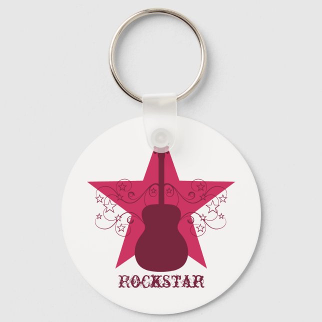 Fancy Guitar Star Swirls Keychain, Magenta Key Ring (Front)