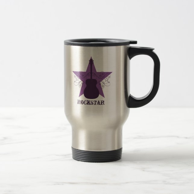 Fancy Guitar Star Swirls Mug, Purple Travel Mug (Right)