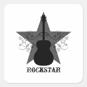 Fancy Guitar Star Swirls Square Stickers, Black Sticker
