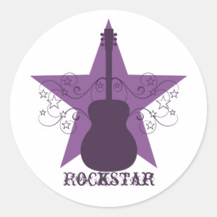 Fancy Guitar Star Swirls Stickers, Purple Classic Round Sticker