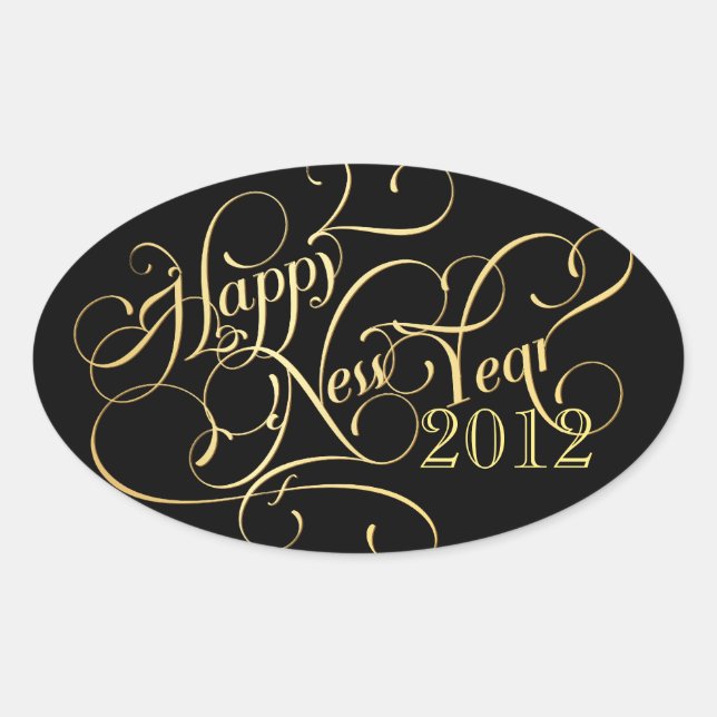 Fancy Happy New Year Stickers - Oval (Front)
