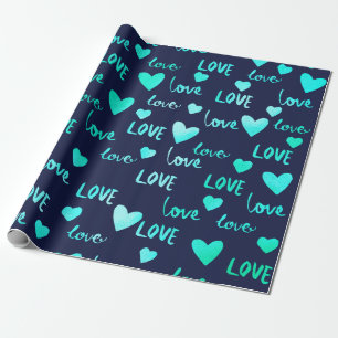 Fancy Heart Ocean Blue Navy Glitter Love Valentine Wrapping Paper