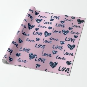 Fancy Heart Pink Blue Navy Glitter Love Valentine Wrapping Paper