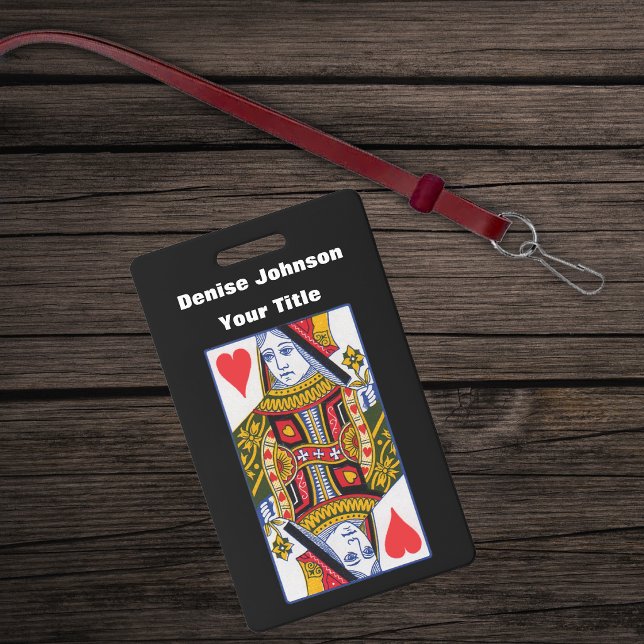 Fancy Heart Queen From Playing Cards Black ID Badge (Fancy heart queen from playing card deck with red hearts on black plastic name badge.)