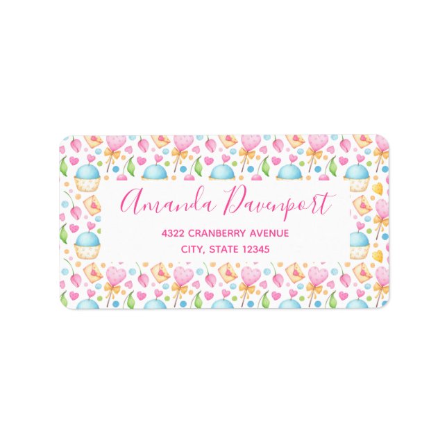 Fancy Hearts and Cupcakes Watercolor Pattern Label (Front)