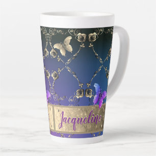 Fancy Hearts Purple Gradient w/Name  Latte Mug