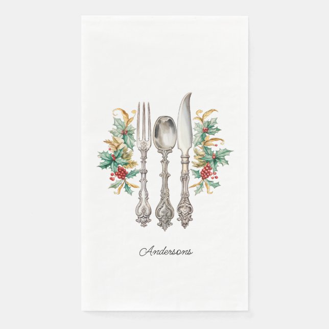 Fancy Holiday Silverware Personalised Paper Napkin (Front)