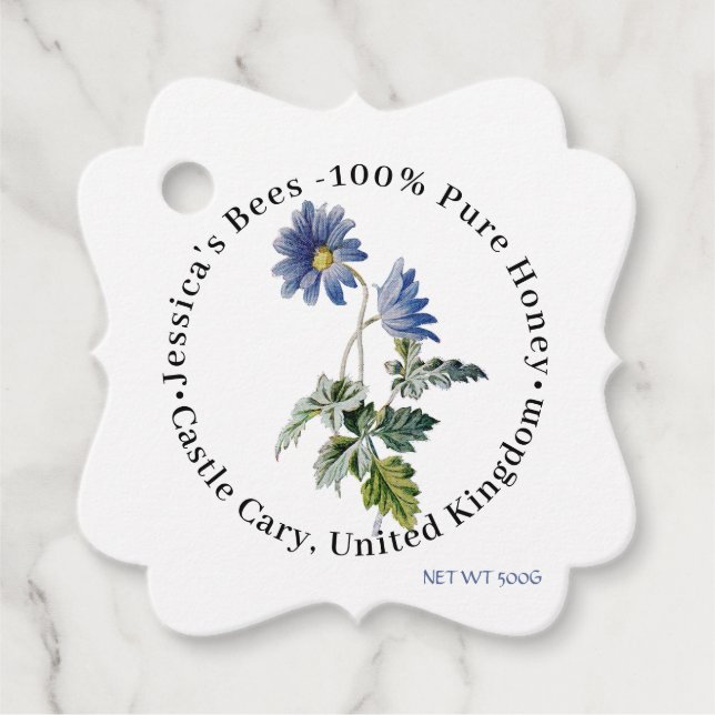 Fancy Honey Jar Neck Tag with Blue Wildflower (Front)