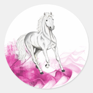 fancy horse motif, grey stallion & pink waves classic round sticker