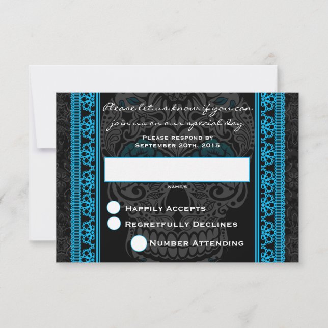 Fancy Lace Sugar Skull day of the Dead Blue RSVP Card (Front)