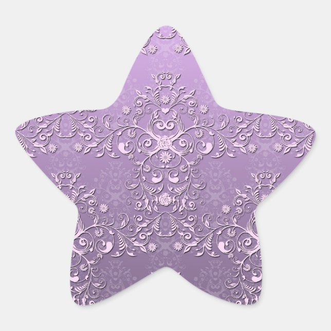 Fancy Lavender and Purple Two Tone Damask Star Sticker (Front)