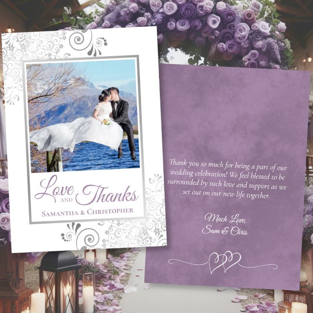Fancy Lavender Love & Thanks Photo & Note Wedding Thank You Card (Front/Back)
