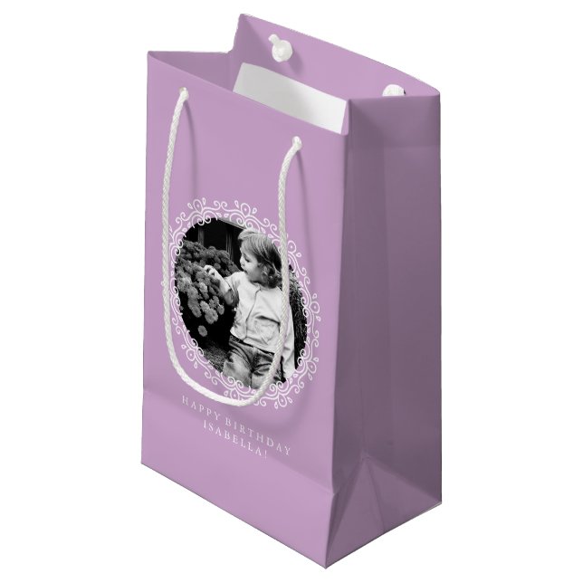 Fancy Lavender Swirls Photo Frame Small Gift Bag (Front Angled)