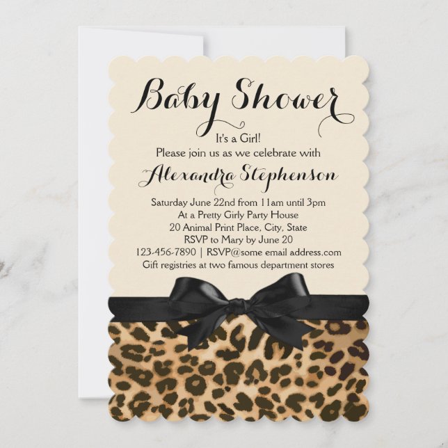Fancy Leopard Black Bow Girl Baby Shower Invitation (Front)