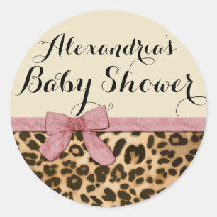 Fancy Leopard Pink Bow Girl Baby Shower Classic Round Sticker