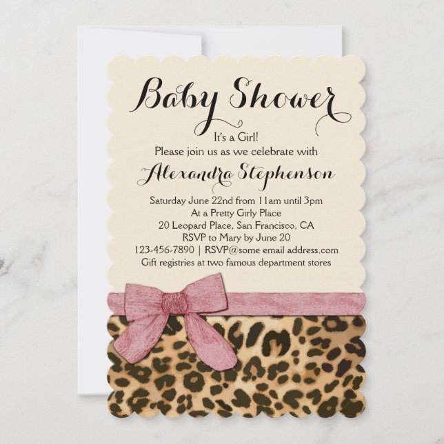 Fancy Leopard Pink Bow Girl Baby Shower Invitation (Front)