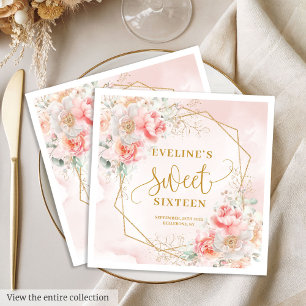 Fancy Light Pink Gold Flowers Sweet 16 Birthday Napkin