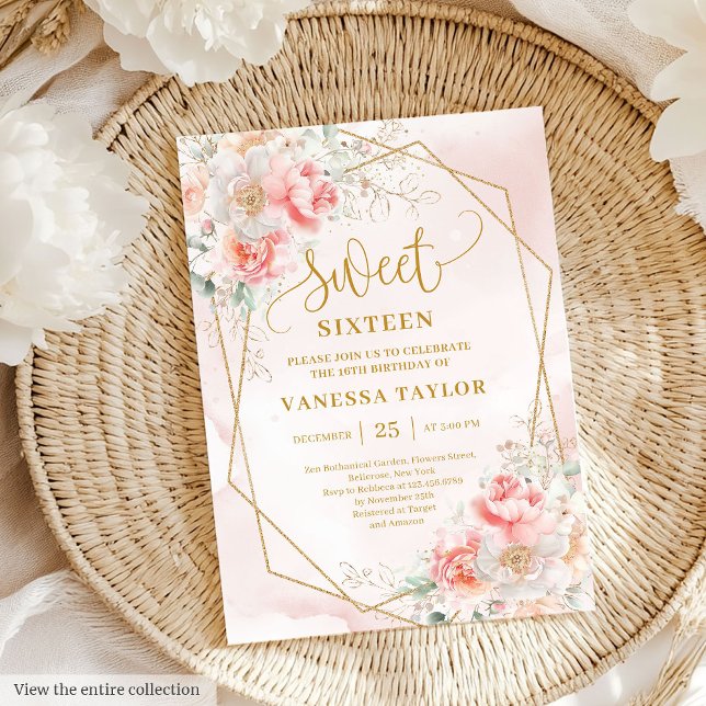 Fancy Light Pink Gold Flowers Sweet 16 Invitation (Fancy Light Pink Gold Flowers Sweet 16 Invitation)