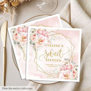Fancy Light Pink with Gold Flowers Sweet Sixteen Napkin
