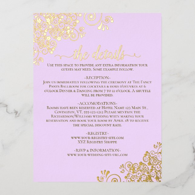 Fancy Lilac Purple Gold Foil Wedding Details Card (Front)