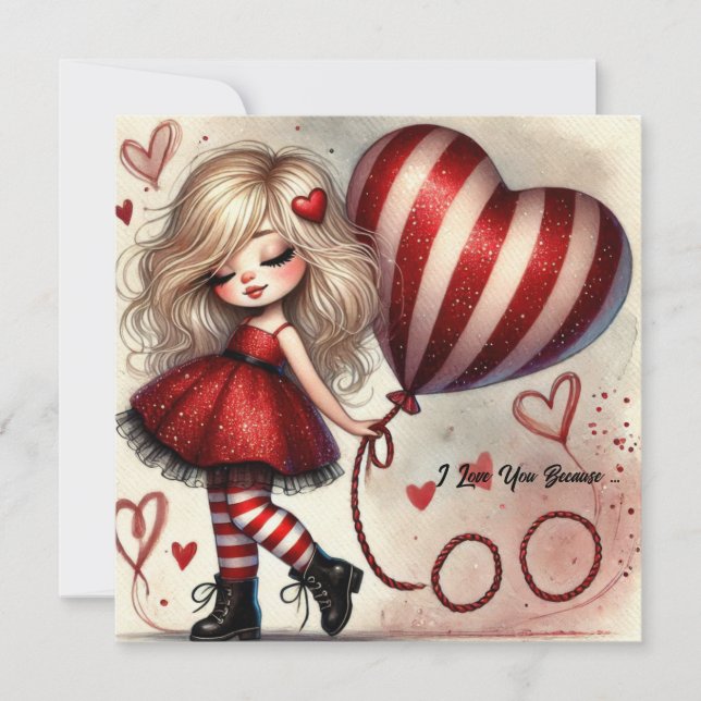 Fancy Little cartoon Valentine girl with balloon Holiday Card (Front)