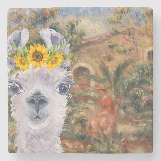 Fancy Llama and Renoir's Farmhouse  Stone Coaster (Front)
