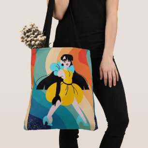 fancy long black hair 80s dall tote bag