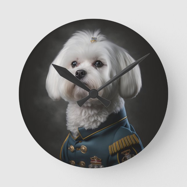 Fancy Maltese Puppy Dog Portrait Round Clock (Front)