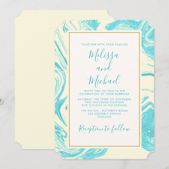 Fancy Marble Design in Turquoise and Cream Wedding Invitation (Front/Back)