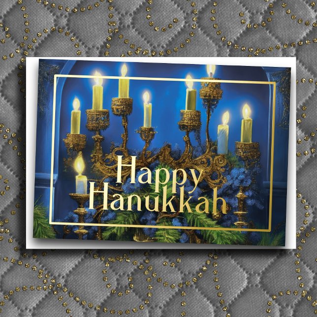 Fancy Menorah with Greenery Foil Holiday Card (Creator Uploaded)
