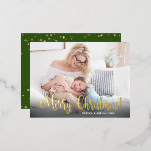 Fancy Merry Christmas, Photo, Name & Message Foil  Foil Holiday Postcard