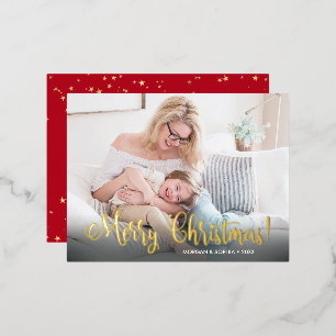 Fancy Merry Christmas, Photo, Name & Message Foil Holiday Postcard
