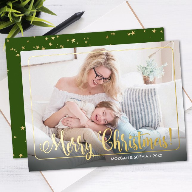 Fancy Merry Christmas, Photo, Name & Message Foil Holiday Postcard (Creator Uploaded)