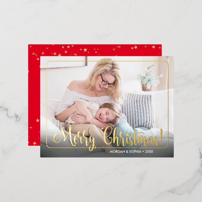 Fancy Merry Christmas, Photo, Name & Message Foil Holiday Postcard (Front/Back)