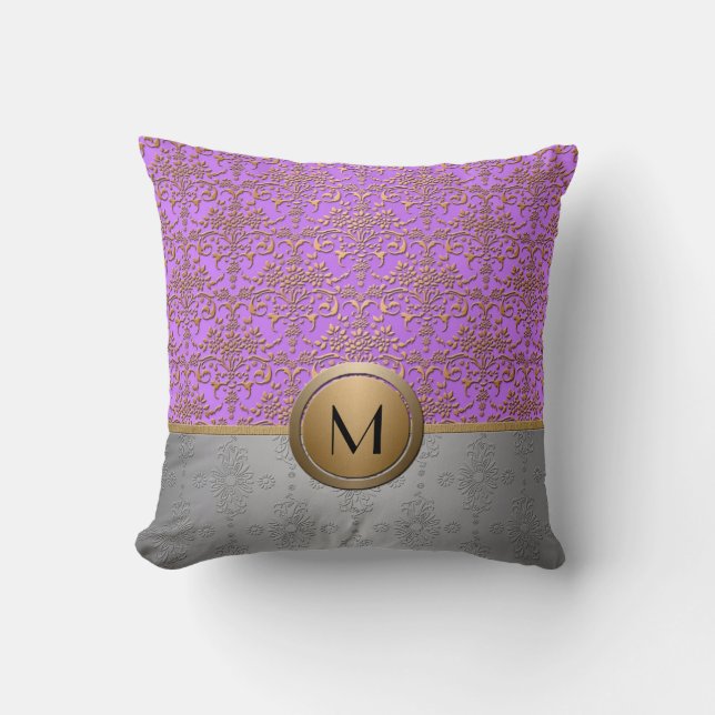 Fancy Monogram Design Periwinkle Purple Gold Cushion (Front)
