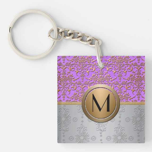 Fancy Monogram Design Periwinkle Purple Gold Key Ring (Front)