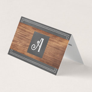 Fancy Monogram   Double Stitched Leather   Wood  B Business Card