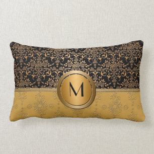 Fancy Monogram Gold and Black Damask Design Lumbar Cushion
